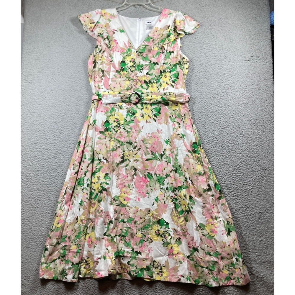 DKNY Floral Midi Dress Womens 14 NEW Multicolor Linen Blend Ruffle Belted A-Line